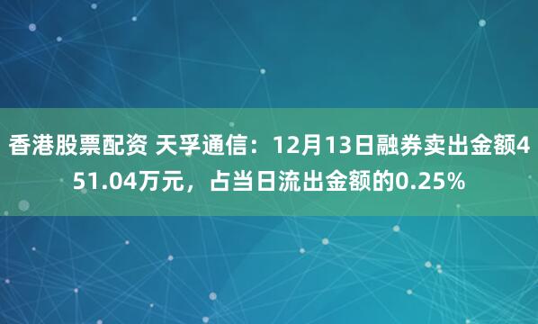 香港股票配资 天孚通信：12月13日融券卖出金额451.04万元，占当日流出金额的0.25%